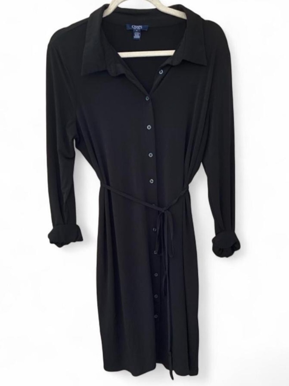 Chaps Black Collared Long Sleeve Button Front Belted Shirt Stretch Dress Size 14